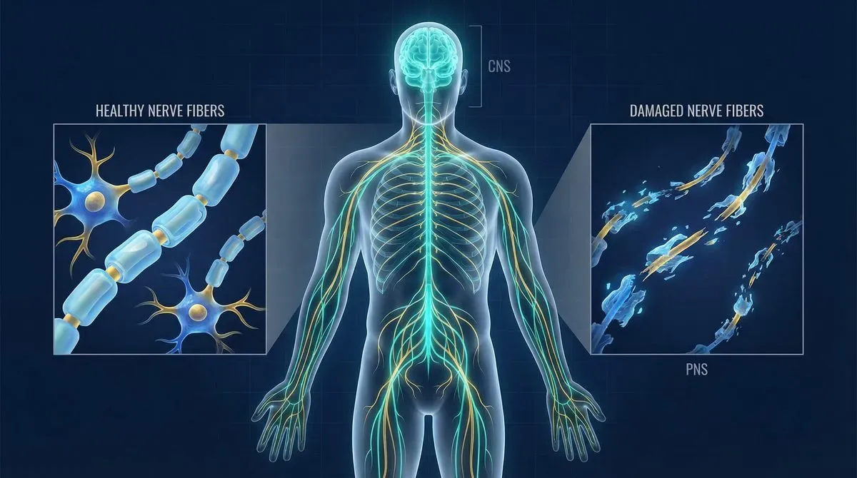 Illustration of peripheral nerve pathways showing healthy nerve fibers